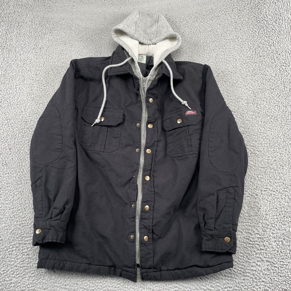 Dickies Shirt Jacket Mens M Black Hooded Canvas Quilted Lined 5211BK Workwear